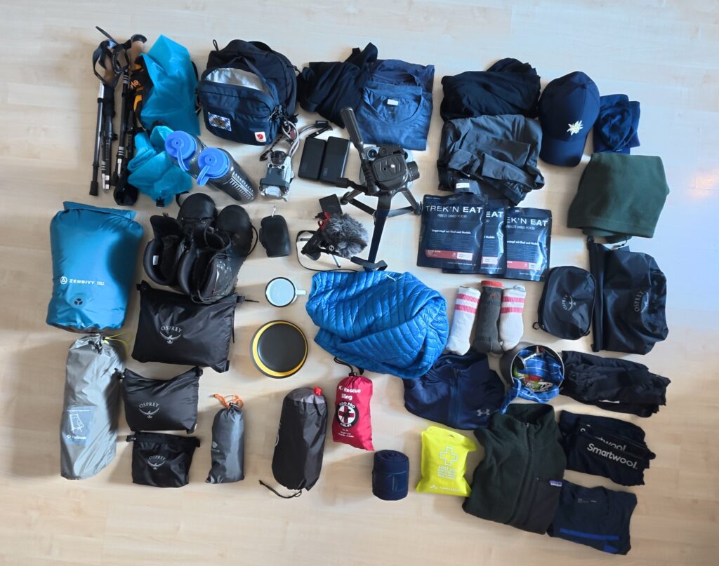 Ausrüstung und Packliste für die JOGLE-Fernwanderung aus Nicks Rucksack, inklusive Wanderschuhe, Schlafsystem und Kameraequipment